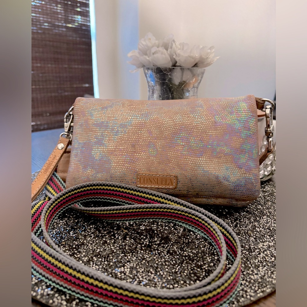 Consuela Taupe Iridescent Gloria Uptown Crossbody Convertible Bag EUC 9.5/10
